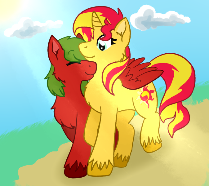 Size: 1237x1101 | Tagged: safe, artist:islomanian, derpibooru import, sunset shimmer, oc, unnamed oc, pegasus, unicorn, canon x oc, female, hug, image, lesbian, png, shipping, walking, winghug, wings