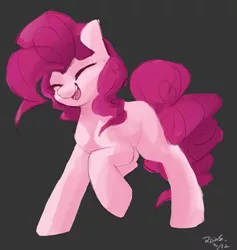 Size: 4489x4733 | Tagged: safe, artist:rainsketch, derpibooru import, pinkie pie, earth pony, pony, absurd resolution, eyes closed, female, full body, gray background, hooves, image, mare, open mouth, open smile, png, raised hoof, signature, simple background, smiling, solo, standing, tail