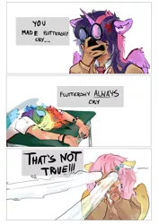 Size: 2638x3731 | Tagged: safe, artist:ametffe, derpibooru import, fluttershy, rainbow dash, twilight sparkle, human, alicorn humanization, alternate hairstyle, blatant lies, clothes, comic, crying, eared humanization, facepalm, female, glasses, horn, horned humanization, humanized, image, jpeg, necktie, ocular gushers, rainbow douche, sad, scar, shirt, simple background, sweater, t-shirt, table, trio, white background, winged humanization, wings, wristband