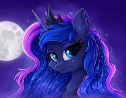 Size: 2592x2016 | Tagged: safe, artist:zeepheru_pone, derpibooru import, princess luna, alicorn, pony, bust, chest fluff, ear fluff, ethereal mane, female, high res, image, looking at you, mare, moon, peytral, png, portrait, smiling, smiling at you, solo, starry mane