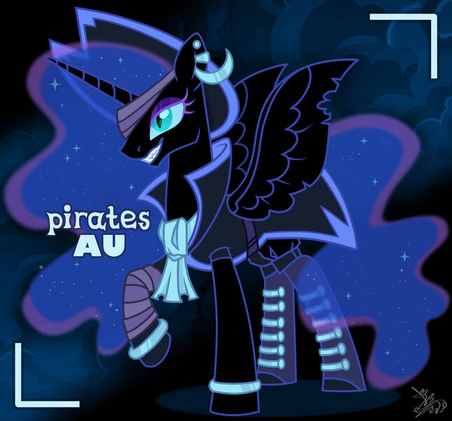 Size: 1280x1190 | Tagged: safe, artist:syriskater, derpibooru import, nightmare moon, alicorn, pony, alternate hairstyle, alternate universe, bandage, boots, bracelet, clothes, coat, ear piercing, earring, eyepatch, eyeshadow, female, grin, hat, image, jewelry, jpeg, makeup, mare, piercing, pirate, pirate hat, raised hoof, shoes, smiling, solo