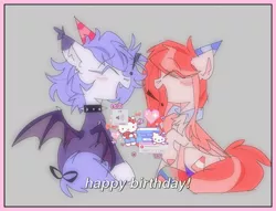 Size: 2048x1568 | Tagged: safe, artist:blairvonglitter, derpibooru import, oc, oc:poneco, unofficial characters only, bat pony, pegasus, pony, duo, duo female, exclamation point, eyes closed, female, gray background, happy birthday, hat, heart, hello kitty, image, jpeg, mare, open mouth, party hat, sanrio, simple background, wings