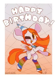 Size: 742x1024 | Tagged: safe, artist:oc_ponys, derpibooru import, oc, oc:poneco, unofficial characters only, pegasus, pony, 2021, clothes, female, happy birthday, hat, image, jpeg, looking at you, mare, one eye closed, party hat, simple background, small wings, socks, solo, text, white background, wings, wink, winking at you