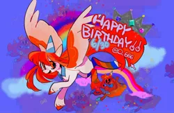 Size: 1190x775 | Tagged: safe, artist:hanamario87, derpibooru import, oc, oc:poneco, unofficial characters only, pegasus, pony, clothes, female, happy birthday, hat, image, jpeg, mare, mouse cursor, party hat, socks, solo, spread wings, wings