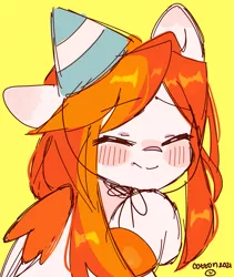 Size: 1659x1962 | Tagged: safe, artist:cottonsweets, derpibooru import, oc, oc:poneco, unofficial characters only, pegasus, pony, 2021, bust, cute, eyes closed, female, hat, image, jpeg, mare, ocbetes, party hat, simple background, smiling, solo, wings, yellow background