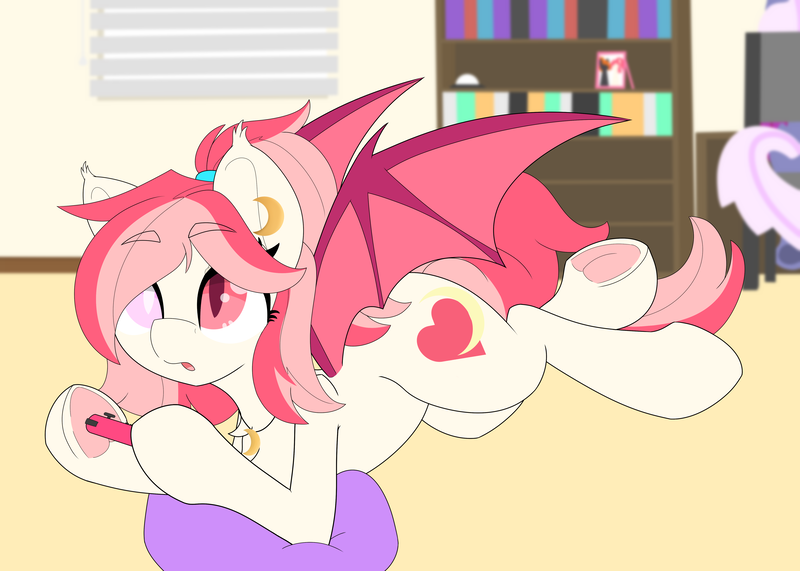 Size: 5047x3602 | Tagged: safe, artist:gnashie, derpibooru import, oc, oc:blood moon, oc:sketchy heart, unofficial characters only, bat pony, :o, bat pony oc, bat wings, blind eye, blinds, bookshelf, chair, controller, ear piercing, earring, eyebrows, eyebrows visible through hair, frog (hoof), image, jewelry, joycon, lying down, necklace, open mouth, picture frame, piercing, pillow, png, ponytail, underhoof, window, wings