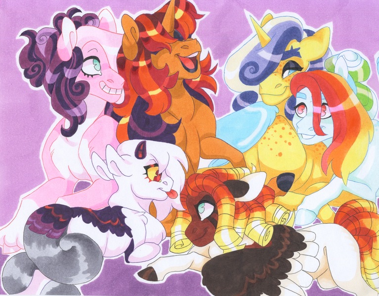 Size: 3844x3006 | Tagged: safe, artist:frozensoulpony, derpibooru import, oc, oc:chiaroscuro, oc:maraschino marianna milkshake, oc:okimbo, oc:pastel sails, oc:phoenix fireworks, oc:wyken pippen, unofficial characters only, hybrid, pony, zony, image, interspecies offspring, jpeg, magical lesbian spawn, offspring, parent:applejack, parent:discord, parent:double diamond, parent:fluttershy, parent:pinkie pie, parent:pokey pierce, parent:rainbow dash, parent:rarity, parent:sunset shimmer, parent:tempest shadow, parent:twilight sparkle, parent:zecora, parents:doubledash, parents:pokeyjack, parents:raricord, parents:sunsetsparkle, parents:tempestpie, traditional art