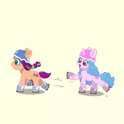 Size: 2160x2160 | Tagged: safe, artist:limitmj, derpibooru import, izzy moonbow, sunny starscout, earth pony, pony, unicorn, dating, g5, helmet, image, open mouth, png, roller skates