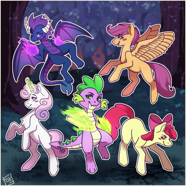 Size: 2000x2000 | Tagged: safe, artist:defiant_fox, artist:defiantfox, derpibooru import, apple bloom, scootaloo, spike, sweetie belle, oc, dragon, earth pony, pegasus, pony, unicorn, cutie mark crusaders, image, jpeg