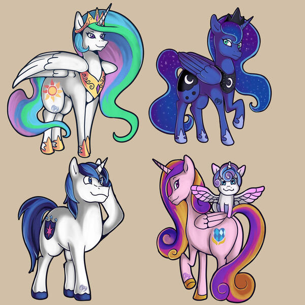 Size: 1024x1024 | Tagged: safe, artist:kenisu-of-dragons, derpibooru import, princess cadance, princess celestia, princess flurry heart, princess luna, shining armor, alicorn, unicorn, alicorn triarchy, butt, female, image, jpeg, male, plot, raised hoof, royal sisters, siblings, simple background, sisters, tan background