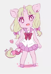 Size: 1021x1480 | Tagged: safe, artist:moh_mlp2, derpibooru import, oc, oc:yuno, unofficial characters only, anthro, pony, unguligrade anthro, unicorn, clothes, cute, female, food, gray background, heart, horn, image, jpeg, looking at you, mare, ocbetes, open mouth, ribbon, school uniform, simple background, skirt, solo, strawberry