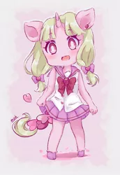 Size: 1021x1480 | Tagged: safe, artist:moh_mlp2, derpibooru import, oc, oc:yuno, unofficial characters only, anthro, pony, unguligrade anthro, unicorn, clothes, cute, female, food, heart, horn, image, jpeg, looking at you, mare, ocbetes, open mouth, ribbon, school uniform, skirt, solo, strawberry