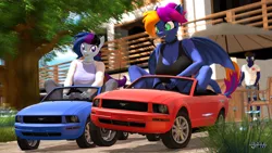 Size: 1920x1080 | Tagged: safe, artist:anthroponiessfm, derpibooru import, oc, oc:galahad lazuli, oc:layla horizon, oc:maple cake, anthro, bat pony, 3d, anthro oc, bat pony oc, bat wings, car, clothes, cute, female, image, png, racing, source filmmaker, wholesome, wings