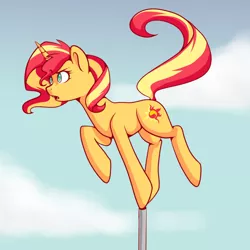 Size: 1024x1024 | Tagged: safe, artist:maeveadair, derpibooru import, sunset shimmer, pony, unicorn, balancing, confused, image, png, pole, sky, solo