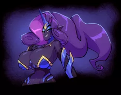Size: 1694x1327 | Tagged: suggestive, artist:bigdad, derpibooru import, nightmare rarity, rarity, human, armor, big breasts, breasts, busty nightmare rarity, busty rarity, cleavage, clothes, fingerless gloves, gloves, huge breasts, humanized, image, jpeg, lidded eyes, looking at you, smiling, smirk, unconvincing armor