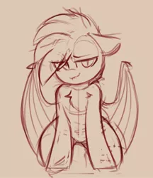 Size: 1160x1342 | Tagged: suggestive, artist:yoditax, derpibooru import, oc, unofficial characters only, bat pony, bat pony oc, bat wings, bedroom eyes, chest fluff, floppy ears, image, jpeg, monochrome, solo, wings