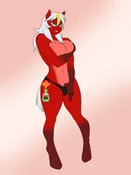 Size: 1500x2000 | Tagged: suggestive, artist:lurking tyger, derpibooru import, oc, oc:lava plume, unofficial characters only, anthro, earth pony, unguligrade anthro, anthro oc, big breasts, black underwear, breasts, clothes, commission, covering, digital art, earth pony oc, female, gift art, image, panties, partial nudity, png, smiling, teasing, topless, underwear