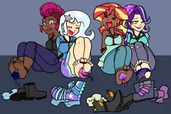 Size: 1625x1079 | Tagged: suggestive, artist:/d/non, derpibooru import, starlight glimmer, sunset shimmer, tempest shadow, trixie, human, alternate hairstyle, arm behind back, barefoot, beanie, blushing, bondage, boots, breasts, clothes, commission, crying, dark skin, dress, erotic tickling, eye scar, eyes closed, feet, female, females only, femsub, fetish, foot fetish, hat, high heel boots, hoodie, humanized, image, jeans, laughing, lip bite, lipstick, makeup, one eye closed, pants, png, ripped jeans, ripped pants, rope, rope bondage, scar, shibari, shirt, shoes, sitting, skirt, socks, soles, submissive, t-shirt, tanktop, tears of laughter, tickle fetish, tickle torture, tickling, toe tied, toes, torn clothes, wall of tags