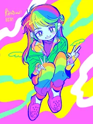Size: 1628x2178 | Tagged: safe, artist:0828m, derpibooru import, rainbow dash, equestria girls, abstract background, clothes, female, image, jewelry, looking at you, necklace, peace sign, png, psychedelic, solo, wings