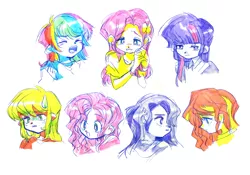 Size: 3770x2644 | Tagged: safe, artist:0828m, derpibooru import, applejack, fluttershy, pinkie pie, rainbow dash, rarity, sunset shimmer, twilight sparkle, equestria girls, angry, bust, colored, crying, doubt, eyes closed, hair over one eye, image, o mouth, open mouth, png, simple background, surprised, sweat, sweatdrop, teary eyes, uneasy, white background, worried