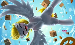 Size: 2000x1200 | Tagged: safe, artist:darksly, derpibooru import, derpy hooves, pinkie pie, earth pony, pegasus, pony, box, eyes closed, falling, image, jpeg, mail, mailmare, open mouth, open smile, package, smiling, solo focus, spread wings, wings