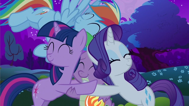 Size: 1280x720 | Tagged: safe, derpibooru import, screencap, rainbow dash, rarity, spike, twilight sparkle, dragon, pegasus, pony, unicorn, dragon quest, season 2, ^^, bipedal, cute, daaaaaaaaaaaw, dashabetes, eyes closed, female, happy, head hug, hug, image, jpeg, male, mare, phoenix egg, raribetes, spikabetes, trio, trio female, twiabetes