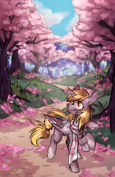 Size: 1105x1698 | Tagged: safe, artist:lonerdemiurge_nail, derpibooru import, derpy hooves, alicorn, pony, alicornified, cherry blossoms, clothes, derpicorn, flower, flower blossom, image, png, race swap, scarf, solo, tree