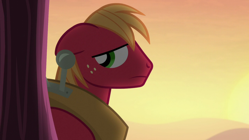 Size: 1280x720 | Tagged: safe, derpibooru import, screencap, big macintosh, earth pony, pony, brotherhooves social, season 5, big macintosh's yoke, horse collar, image, male, png, reaction image, sad, solo, stallion, sunset