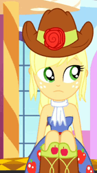 Size: 1080x1920 | Tagged: safe, derpibooru import, screencap, applejack, eqg summertime shorts, equestria girls, make up shake up, animated, bare shoulders, boots, clothes, cowboy hat, cropped, eyes closed, fall formal outfits, female, hand on hip, hat, image, no sound, open mouth, phone wallpaper, shoes, skirt, sleeveless, solo, strapless, wallpaper, webm