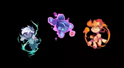 Size: 2048x1121 | Tagged: safe, artist:drtuo4, derpibooru import, oc, oc:flame egg, oc:galaxy, oc:silver bolt, unofficial characters only, earth pony, pony, apple, black background, electricity, female, fire, food, image, jpeg, levitation, magic, mare, no pupils, self-levitation, simple background, smiling, smirk, super powers, telekinesis, trio