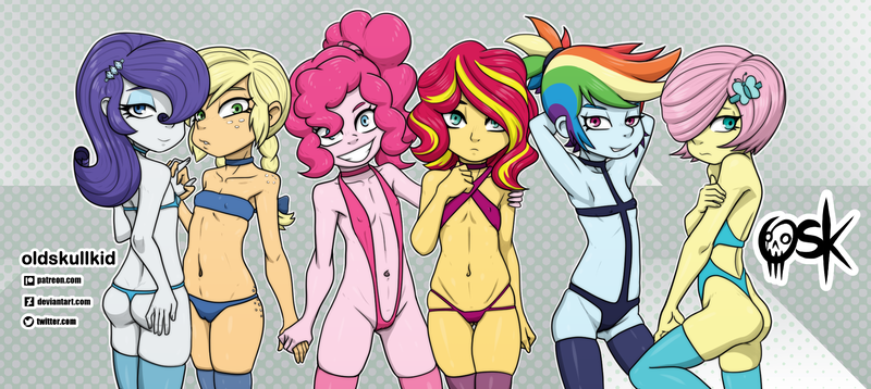 Size: 2201x984 | Tagged: suggestive, artist:oldskullkid, banned from derpibooru, applejack, fluttershy, pinkie pie, rainbow dash, rarity, sunset shimmer, equestria girls, bikini, butt, cameltoe, child, clothes, female, females only, flutterbutt, image, leotard, lolicon, panties, png, rearity, sling bikini, swimsuit, thong, thong leotard, underage, underwear, young, younger