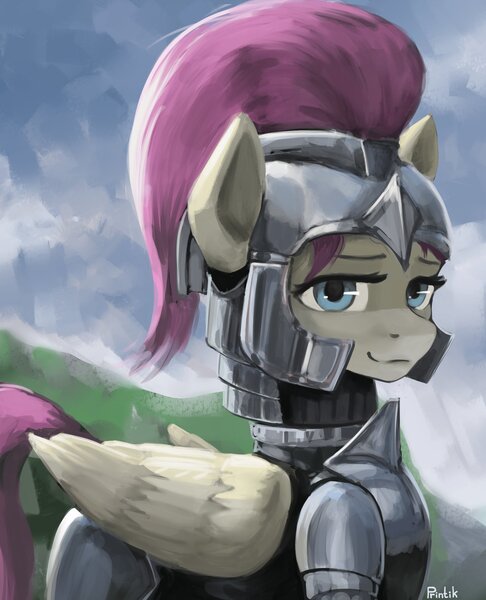 Size: 1848x2282 | Tagged: safe, artist:printik, derpibooru import, oc, unofficial characters only, pegasus, pony, armor, female, helmet, image, jpeg, mare, pegasus oc, solo, wings