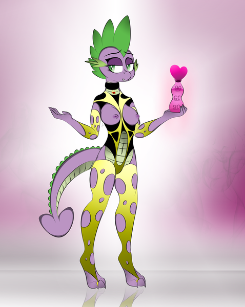 Size: 920x1154 | Tagged: questionable, artist:v-d-k, derpibooru import, spike, anthro, dragon, barb, breasts, busty barb, dragoness, female, genderswap potion, image, implied transgender transformation, lizard breasts, png, post-transformation, rule 63, useless clothing