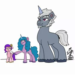 Size: 2000x2000 | Tagged: safe, artist:eryn_erikard, derpibooru import, alphabittle (g5), izzy moonbow, pipp, pipp petals, pegasus, pony, unicorn, g5, beard, facial hair, female, floppy ears, headband, image, jpeg, male, mare, pipp is short, stallion