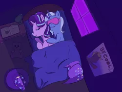Size: 1600x1200 | Tagged: safe, artist:bigboydover, derpibooru import, starlight glimmer, trixie, pony, unicorn, bed, bedroom, cape, clothes, cuddling, female, hat, image, lesbian, plushie, png, poster, shipping, sleep mask, sleeping, sleeping together, startrix, teddy bear, trixie's cape, trixie's hat