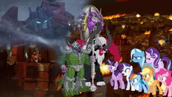 Size: 1280x720 | Tagged: safe, artist:robertsonskywa1, derpibooru import, edit, applejack, lord tirek, pinkie pie, rainbow dash, rarity, starlight glimmer, trixie, twilight sparkle, twilight sparkle (alicorn), alicorn, fanfic:my little pony x transformers: war for equestria, angry, destruction, fire, image, jpeg, optimus prime, photo, ponyville, quintesson, ruins, shocked, starscream, transformers