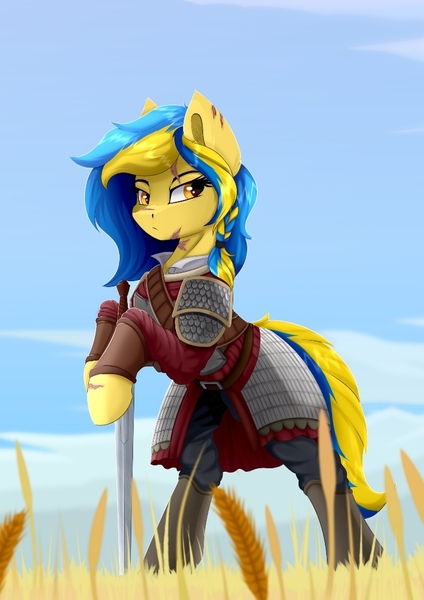 Size: 720x1020 | Tagged: safe, artist:singovih, derpibooru import, oc, oc:ukraine, ponified, earth pony, pony, armor, cloud, cropped, fantasy class, female, field, food, grass, image, jpeg, mare, nation ponies, scar, sky, solo, sword, ukraine, warrior, weapon, wheat