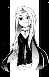 Size: 2440x3850 | Tagged: safe, artist:nekoshiei, derpibooru import, fluttershy, pegasus, pony, black and white, ear piercing, earring, eyeshadow, female, fluttergoth, frown, grayscale, image, jewelry, jpeg, lidded eyes, makeup, mare, monochrome, piercing, simple background, solo