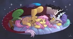 Size: 2851x1534 | Tagged: safe, artist:whlt3fang, derpibooru import, discord, fluttershy, draconequus, pegasus, pony, discoshy, eyes closed, female, high res, image, lying down, male, mare, one eye closed, pillow, png, shipping, straight