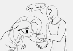 Size: 886x619 | Tagged: safe, artist:dotkwa, derpibooru import, fluttershy, oc, oc:anon, human, pegasus, pony, blanket, bowl, feeding, female, floppy ears, food, grayscale, image, male, mare, monochrome, open mouth, png, sick, soup, spoon, spoonfeeding