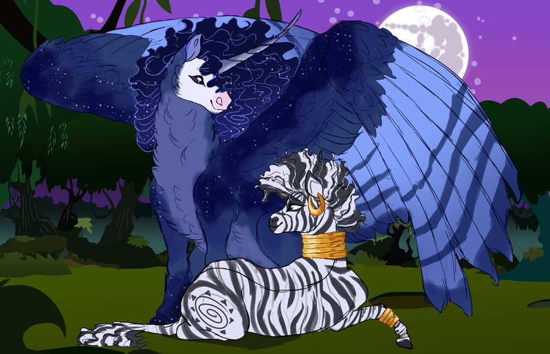 Size: 4790x3084 | Tagged: safe, artist:mysthooves, derpibooru import, princess luna, zecora, pony, zebra, alternate design, image, night, png, tumblr nose, twitterina design