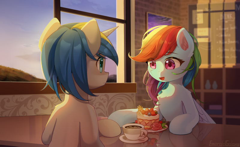Size: 2850x1750 | Tagged: safe, artist:emeraldgalaxy, derpibooru import, rainbow dash, oc, oc:dopami korpela, pegasus, pony, unicorn, beverage, cafe, cake, canon x oc, chalkboard, chest fluff, coffee, coffee cup, commission, cup, cute, dashabetes, dating, dopadash, female, food, horn, image, indoors, looking at each other, looking at someone, male, mare, mixed berry cake, png, shipping, sitting, stallion, straight, table, unicorn oc, window
