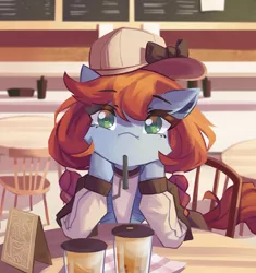 Size: 3787x4025 | Tagged: oc name needed, safe, artist:saxopi, derpibooru import, oc, unofficial characters only, earth pony, semi-anthro, baseball cap, blurry background, bow, braided pigtails, brown mane, brown tail, cap, clothes, colored pupils, drink, drinking straw, earth pony oc, eye clipping through hair, eyebrows, eyebrows visible through hair, eyelashes, hat, high res, hoof on chin, image, jpeg, looking at you, plastic cup, seat, signature, solo, table, tail