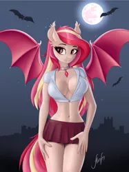 Size: 1024x1366 | Tagged: safe, artist:altum-san, derpibooru import, oc, oc:ruby sanguine, unofficial characters only, anthro, bat pony, bat pony oc, bat wings, bedroom eyes, belly button, breasts, clothes, commission, digital art, female, image, jpeg, moon, night, pose, shirt, skirt, solo, solo female, spread wings, tail, tanktop, thighs, wide hips, wings