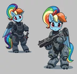 Size: 520x503 | Tagged: safe, artist:pabbley, derpibooru import, rainbow dash, pegasus, pony, aggie.io, armor, bipedal, female, gray background, gun, image, looking down, mare, png, simple background, weapon