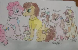 Size: 1024x664 | Tagged: safe, artist:monse2001, derpibooru import, cheese sandwich, pinkie pie, oc, pony, apron, baby, baby pony, clothes, colt, deviantart watermark, female, filly, foal, image, jpeg, male, mare, naked apron, obtrusive watermark, offspring, parent:cheese sandwich, parent:pinkie pie, parents:cheesepie, partial nudity, stallion, traditional art, watermark