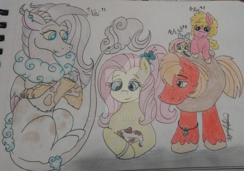 Size: 1920x1344 | Tagged: safe, artist:monse2001, derpibooru import, big macintosh, fluttershy, oc, oc:apple blossom, oc:naima, oc:red love, dog, draconequus, earth pony, hybrid, pegasus, pony, colt, deviantart watermark, draconequus oc, family, female, filly, fluttermac, freckles, hair accessory, half-siblings, image, interspecies offspring, jpeg, male, mare, obtrusive watermark, offspring, parent:big macintosh, parent:discord, parent:fluttershy, parents:discoshy, parents:fluttermac, pet oc, puppy, shipping, signature, stallion, step-daughter, step-father, step-siblings, stepfather, straight, traditional art, watermark, yoke