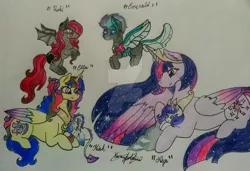 Size: 1920x1312 | Tagged: safe, artist:monse2001, derpibooru import, princess twilight 2.0, twilight sparkle, twilight sparkle (alicorn), oc, alicorn, bat pony, changedling, changeling, pony, the last problem, alicorn oc, bat pony oc, bat wings, changedling oc, changeling oc, deviantart watermark, ethereal mane, female, flying, horn, image, jpeg, lying down, mare, obtrusive watermark, older, older twilight, parent:comet tail, parent:twilight sparkle, prone, starry mane, traditional art, watermark, wings