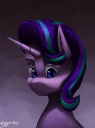 Size: 1000x1346 | Tagged: safe, artist:vezja, derpibooru import, starlight glimmer, pony, unicorn, abstract background, bust, female, horn, image, mare, png, portrait, signature, simple background, solo