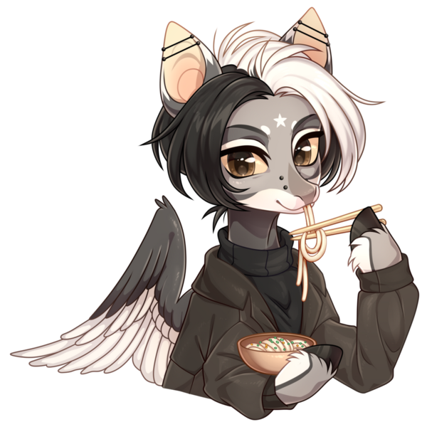 Size: 1024x1024 | Tagged: safe, artist:miioko, derpibooru import, oc, unofficial characters only, pegasus, pony, bust, chopsticks, clothes, colored wings, ear piercing, eating, food, hoof hold, image, noodles, pegasus oc, piercing, png, simple background, solo, transparent background, two toned wings, unshorn fetlocks, wings